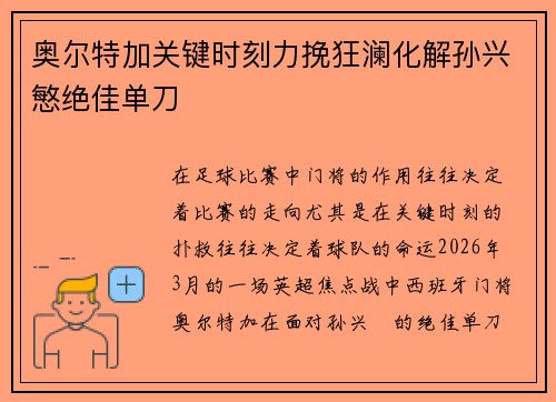奥尔特加关键时刻力挽狂澜化解孙兴慜绝佳单刀