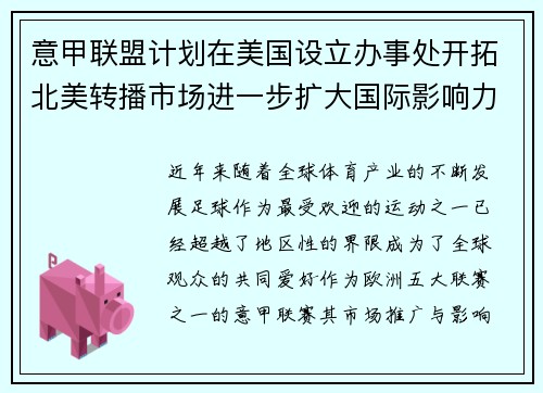 意甲联盟计划在美国设立办事处开拓北美转播市场进一步扩大国际影响力